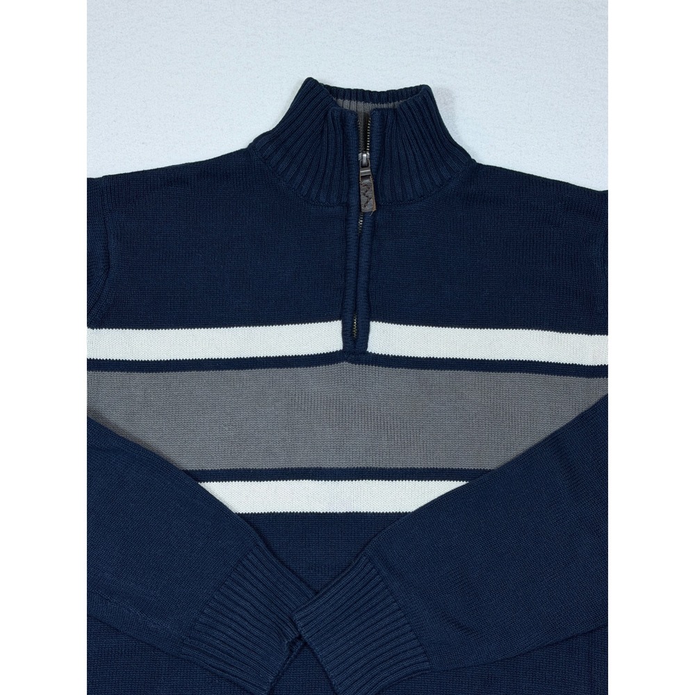 Eddie Bauer Mens Navy Blue Gray White Stripe 1/4 Zip Cotton Sweater Large